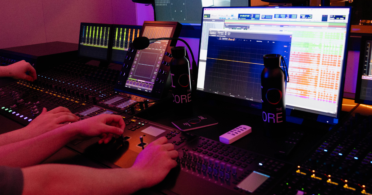 Equipo de técnicos de sonido de The Core trabajando en la banda sonora de una película