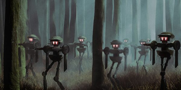 Robots caminando por un bosque, imagen creada con NUKE