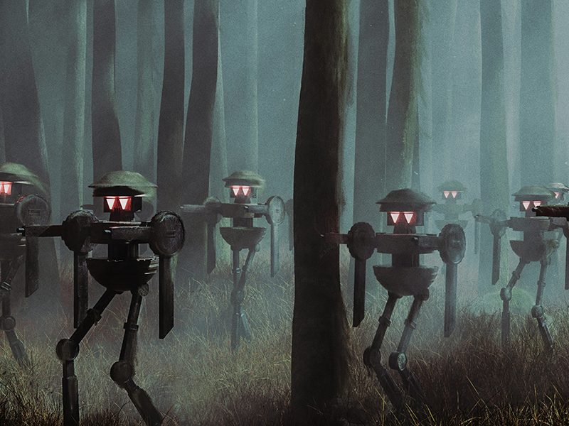 Robots caminando por un bosque, imagen creada con NUKE