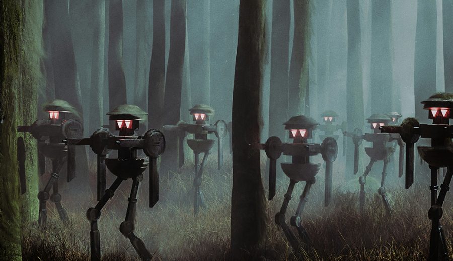 Robots caminando por un bosque, imagen creada con NUKE